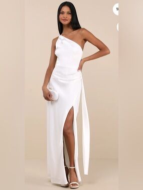 Lulu's One-Shoulder White Evening Gown with High Slit